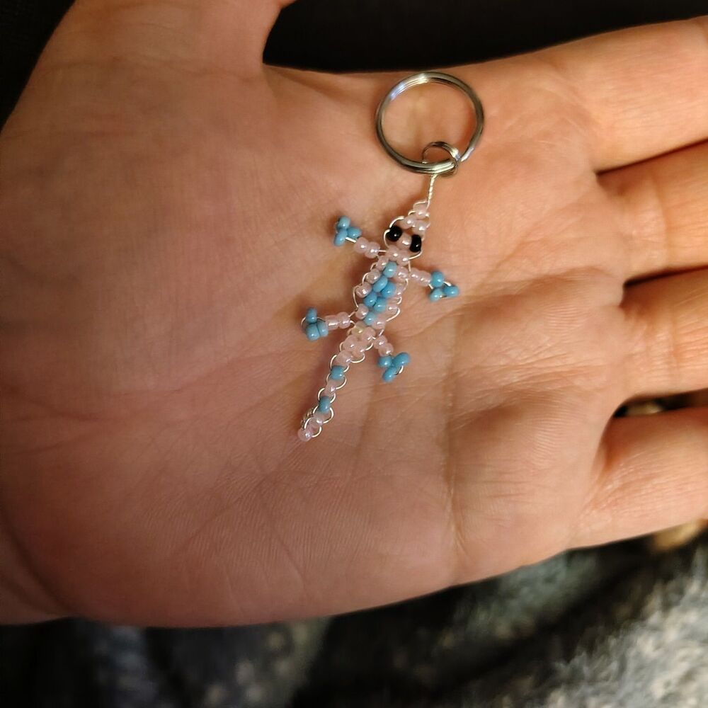 Minature Beaded Animal Keychain - Pink, Blue Lizard - Seed Beads And Wire
